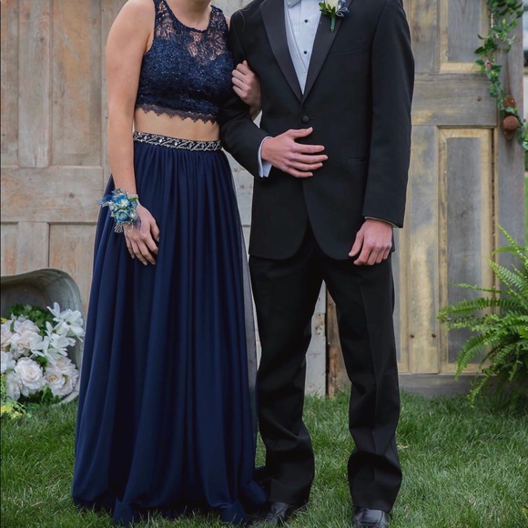 sachin and babi light blue dress Homecoming Dress Royal Blue Two Piece Dress Navy Blue Short Two Piece Prom  Dress Off Shoulder main image 1